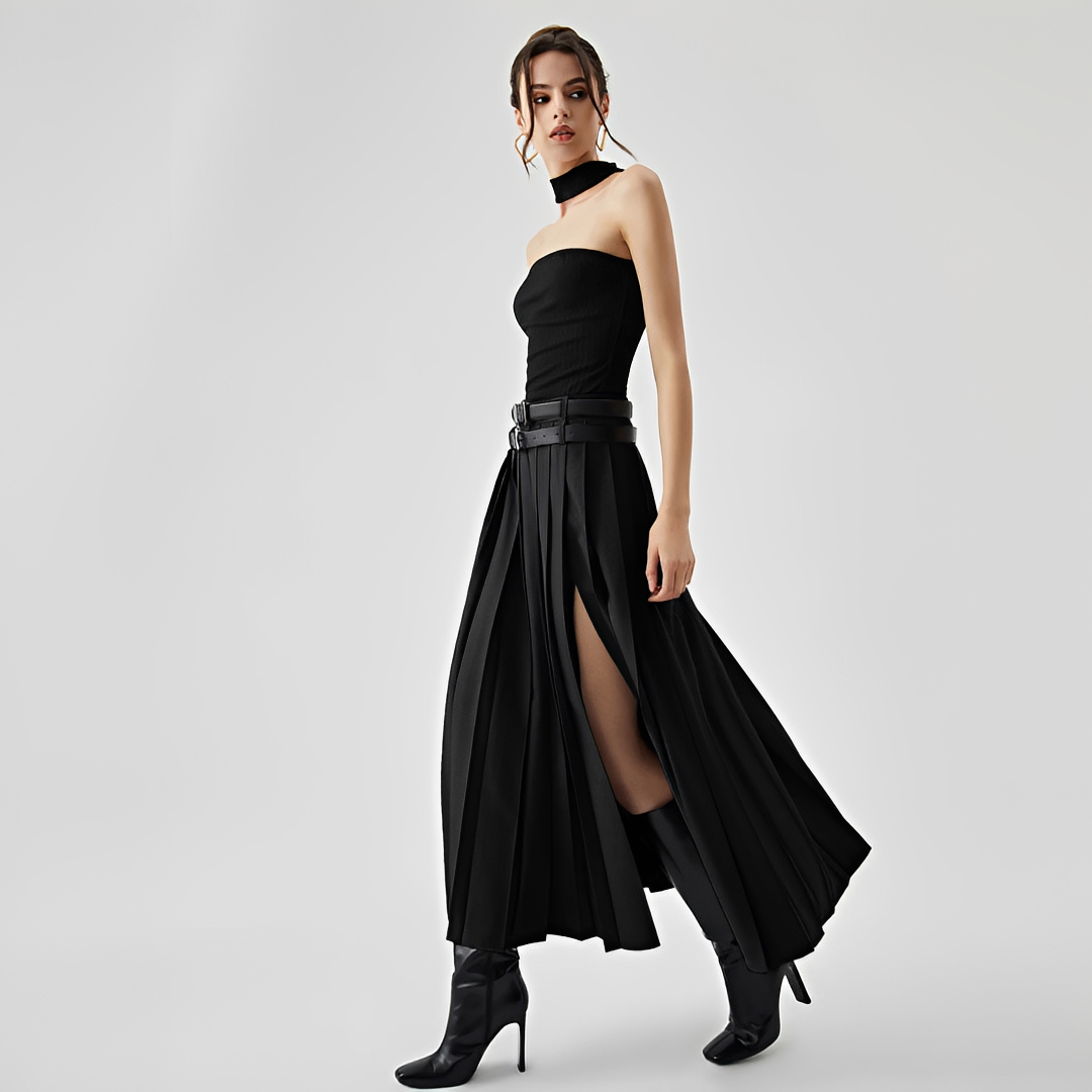Odette - Long Slit Pleated Skirt