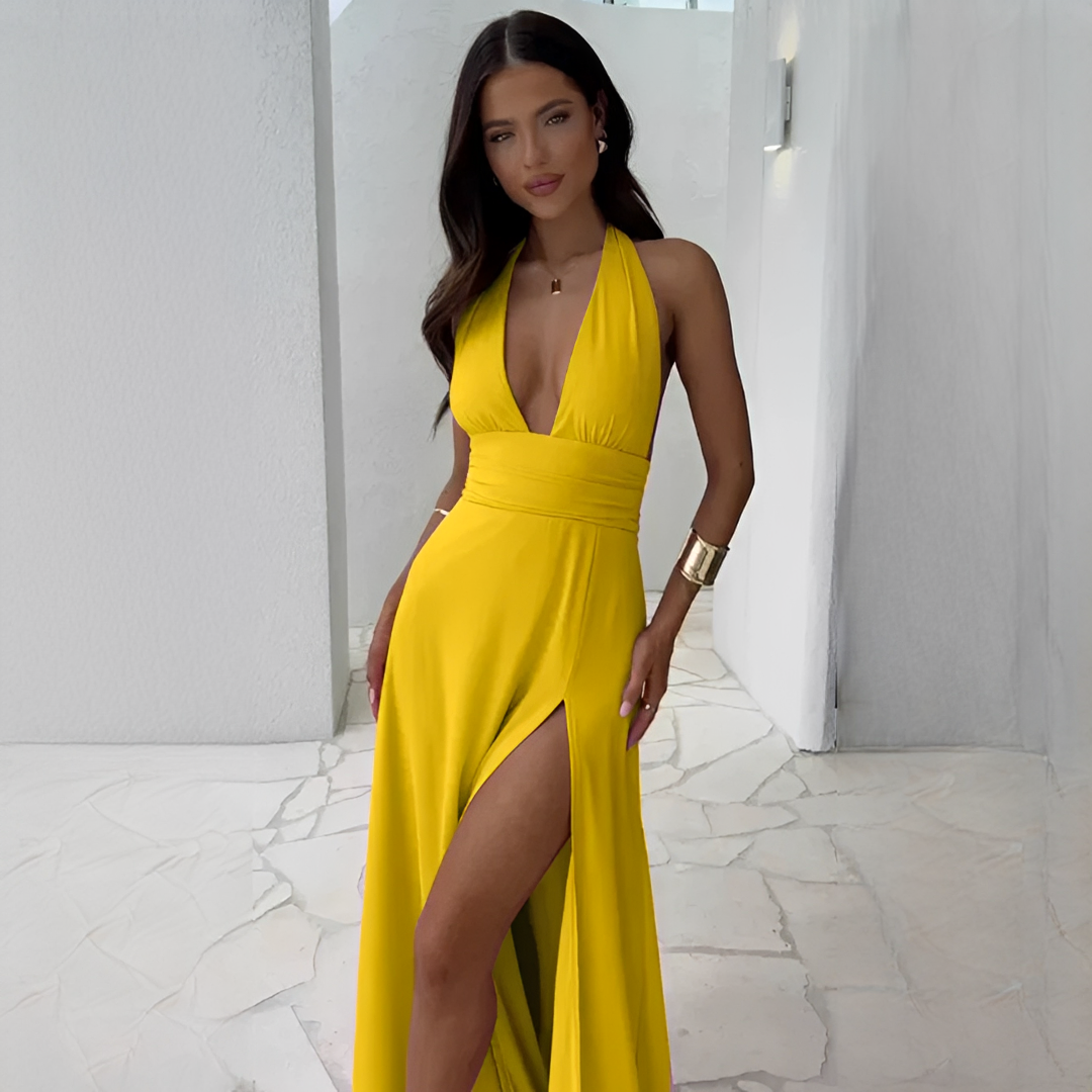 Fiona - Elegant V-neck dress with slit for women