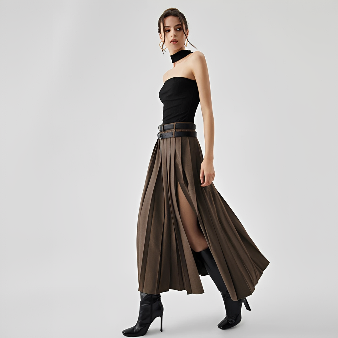 Odette - Long Slit Pleated Skirt