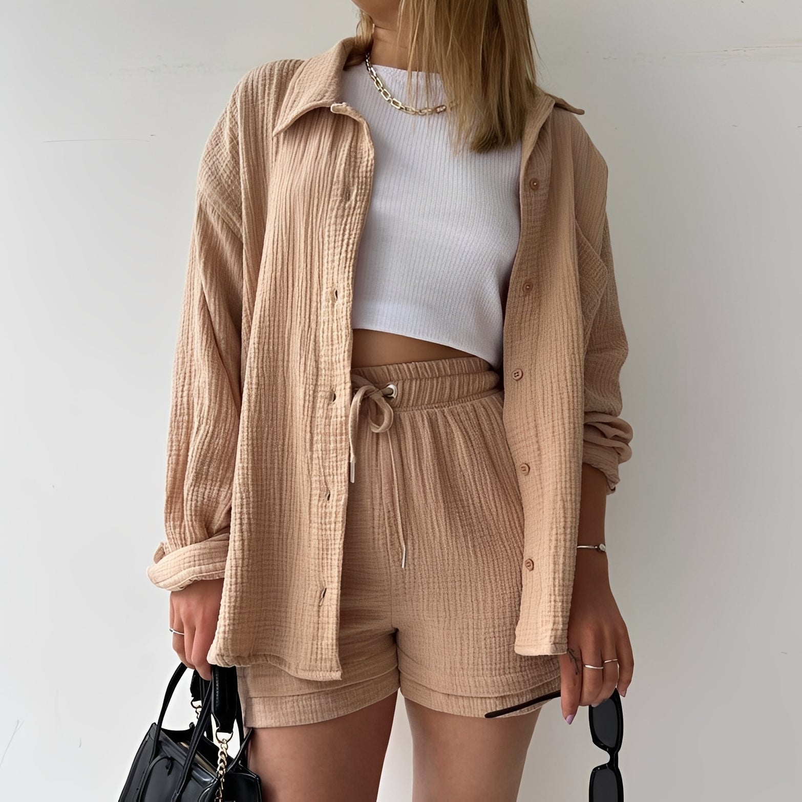 Julia - Women's casual set featuring a lapel collar and high waist