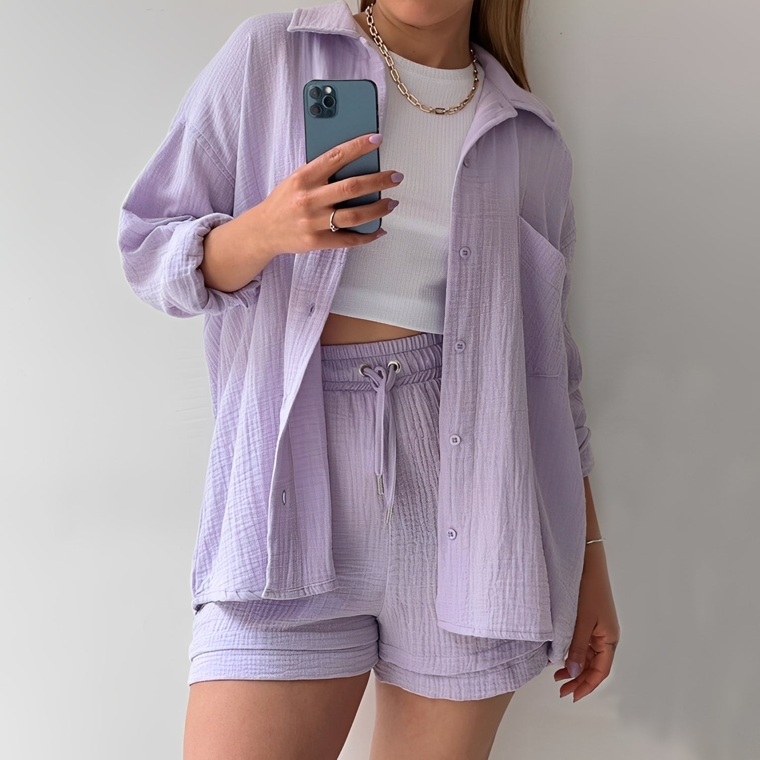 Julia - Women's casual set featuring a lapel collar and high waist