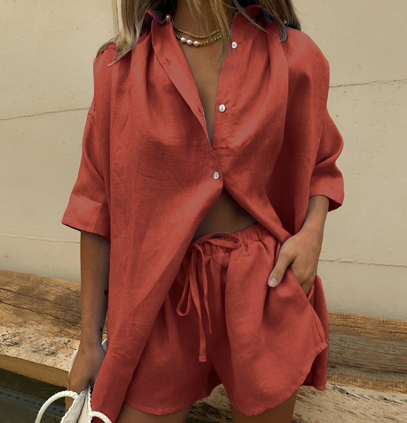 Abbie - Women's casual loose shirt and shorts set