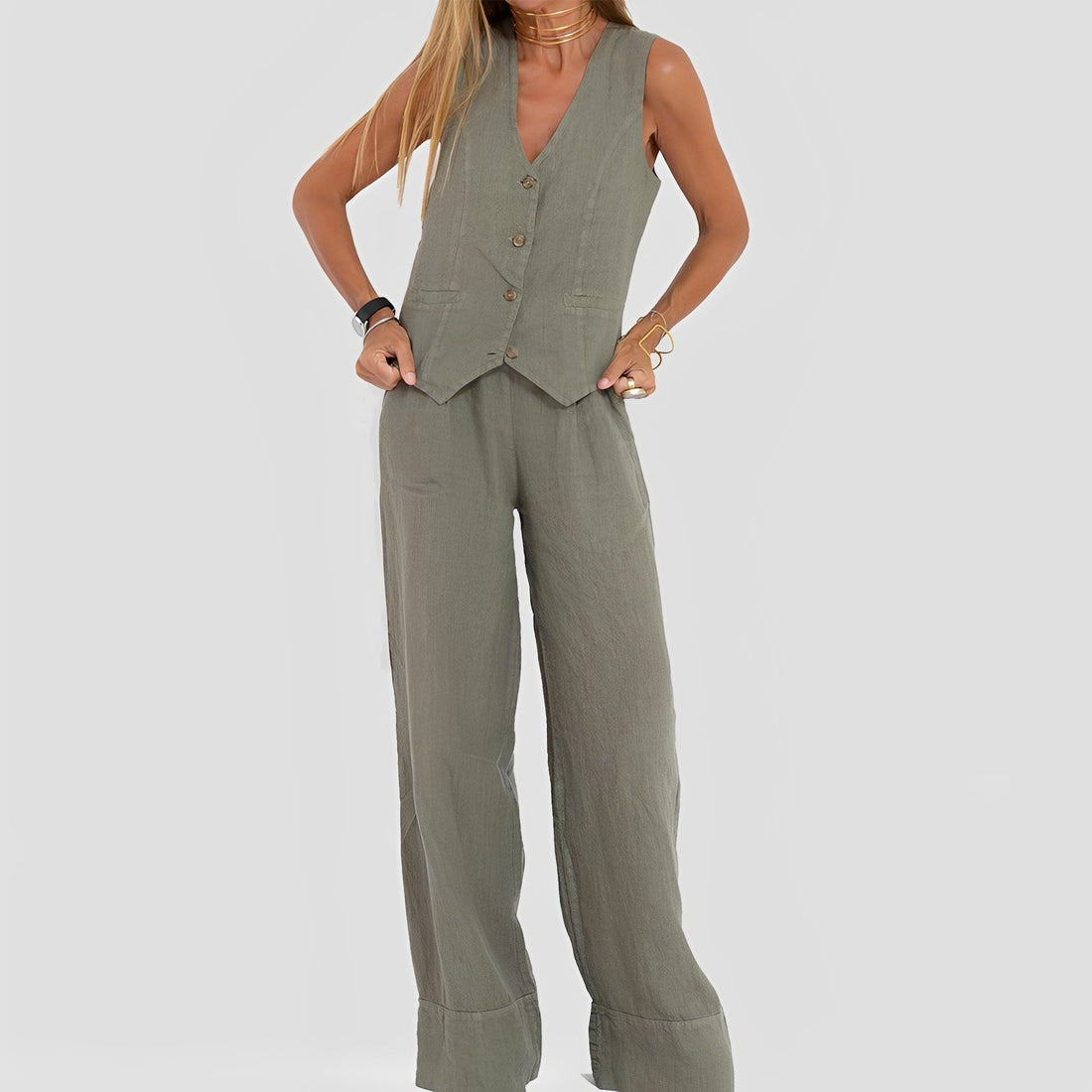 Joan - Women's casual sleeveless set with wide-leg pants