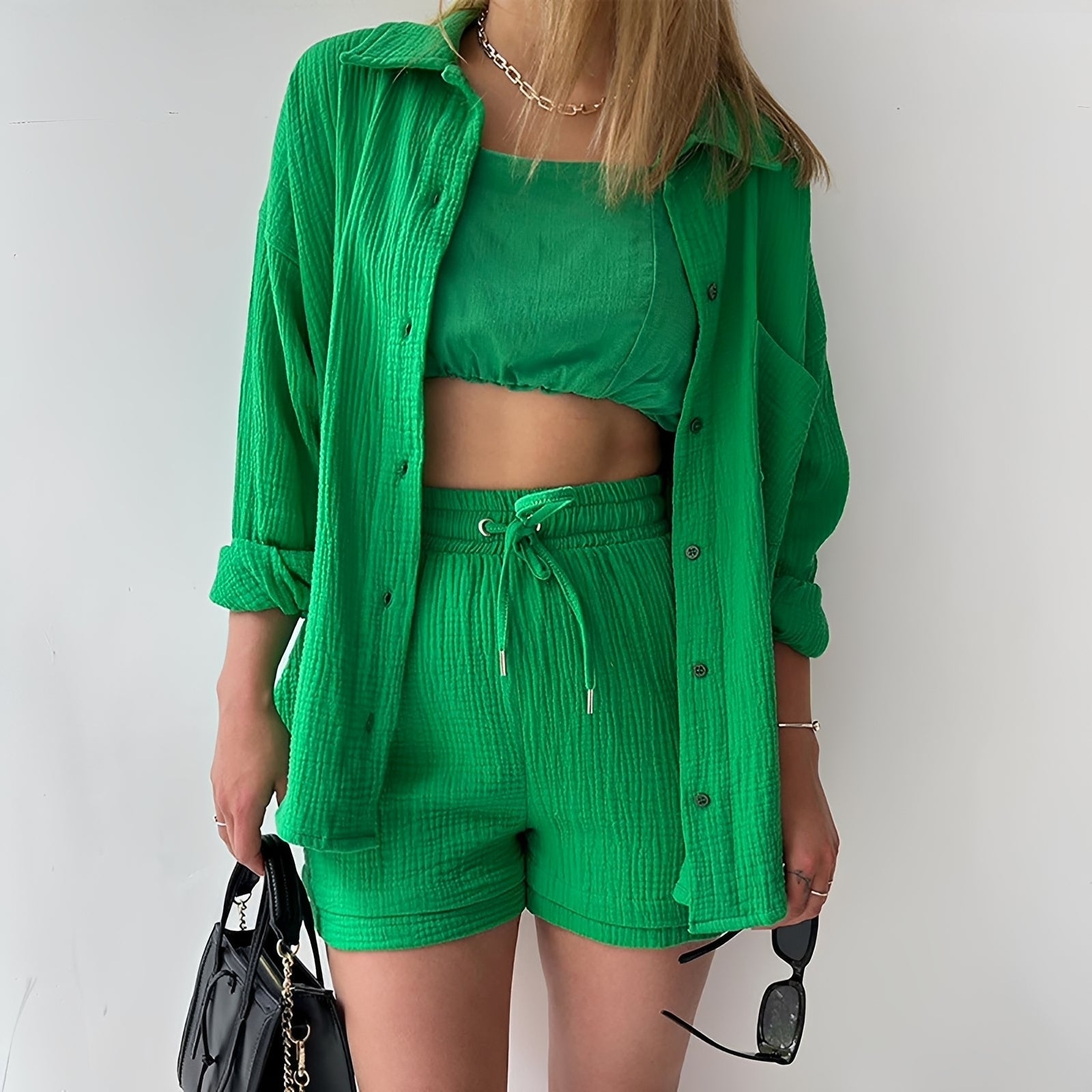 Julia - Women's casual set featuring a lapel collar and high waist